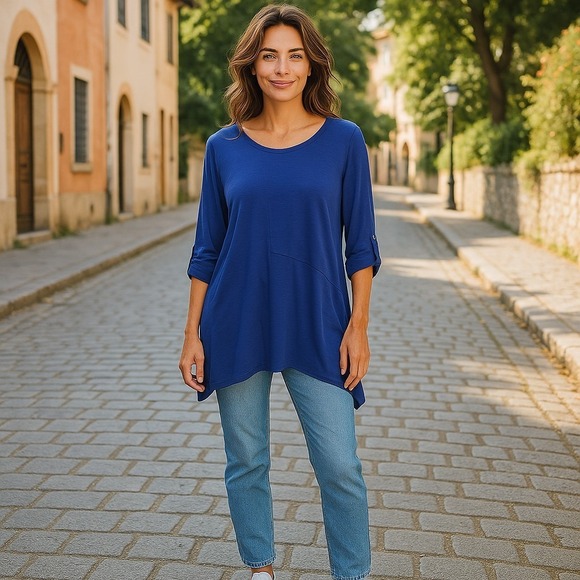Chico's Zenergy Tunic Top Size 2 Large Blue Long Sleeve Asymmetric Hem Roll Tab - Picture 1 of 13